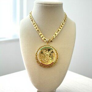 14K Gold Plated Mexican Centenario 50 CZ Pendant with Figaro Chain 24 inch 8mm